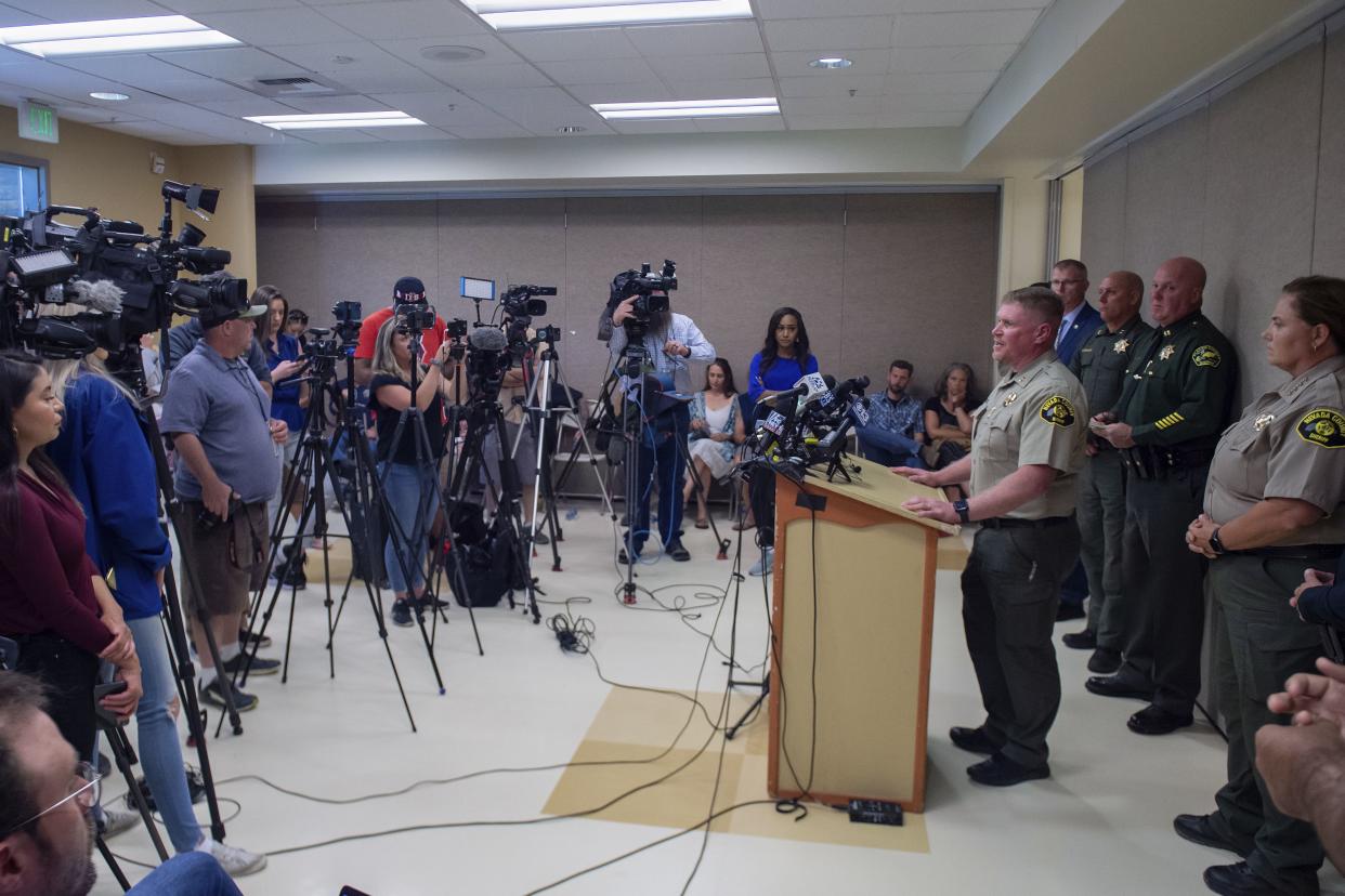 Nevada County Sheriff's Capt. Sam Brown answers questions during a news conference in Truckee, Calif., Monday about the recovery of Kiely Rodni's vehicle. 