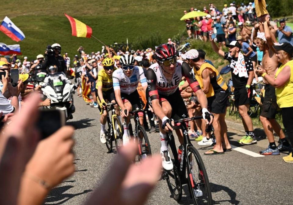 McNulty leads Pogacar and Vingegaard up the final climb (AFP via Getty Images)