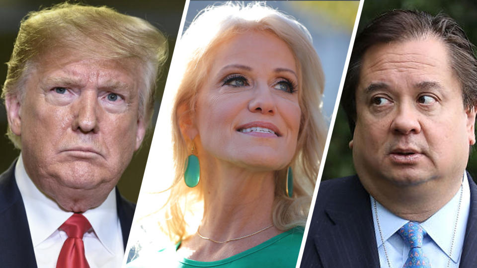 President Trump, Kellyanne Conway and George T. Conway. (Photos: Mandel Ngan/AFP via Getty Images, Chip Somodevilla/Getty Images)