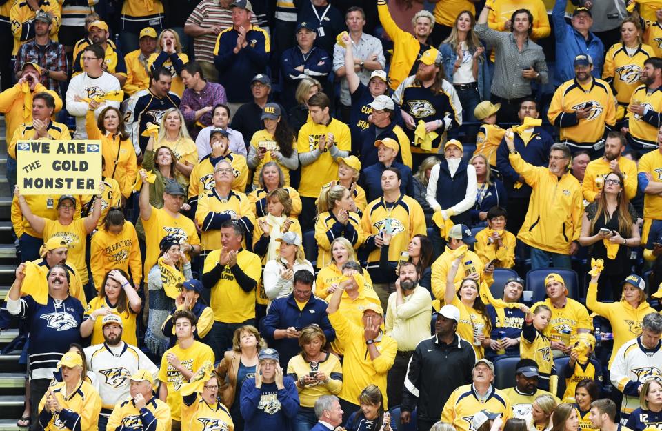 <p>Fans look on in Game Six of the Western Conference Final between the Nashville Predators and the Anaheim Ducks during the 2017 Stanley Cup Playoffs at Bridgestone Arena on May 22, 2017 in Nashville, Tennessee. (Photo by Sanford Myers/Getty Images) </p>