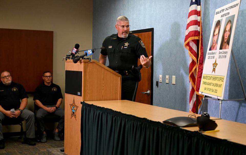 Sheriff Rick Wells answered reporter’s questions after the arrest of Nicholas Bassler Jr. and Sierra Campany of Bradenton. The couple were arrested on sexual battery and child porn charges, the Manatee County Sheriff’s Office said.