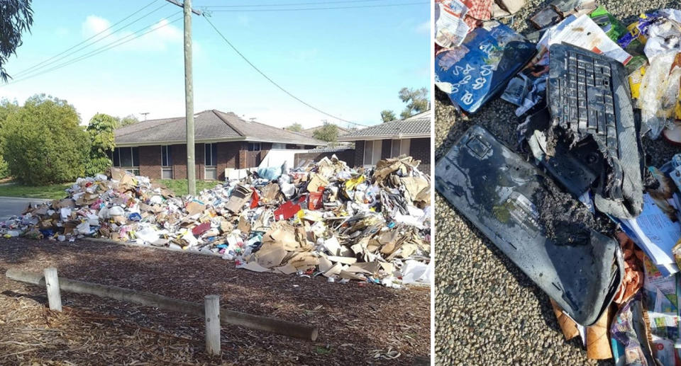 Left, pile of rubbish can be seen on the residential street. Right, the melted computer keyboard which included the lithium batteries can be seen. 