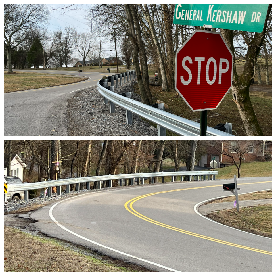 Two photographs show a guardrail installed on General Kershaw Drive in Wilson County near the Davidson County line where a fatal auto accident involving a 16-year-old Green Hill High student occurred in 2022.