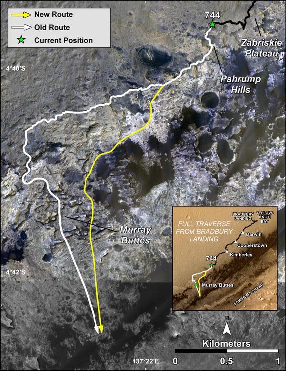 The new route of NASA's Mars Curiosity rover up the slopes of Mount Sharp on Mars is shown in yellow (its old route appears in white) in this false-color image. The new route, unveiled Sept. 11, 2014, is a faster way to the entry point up Mount