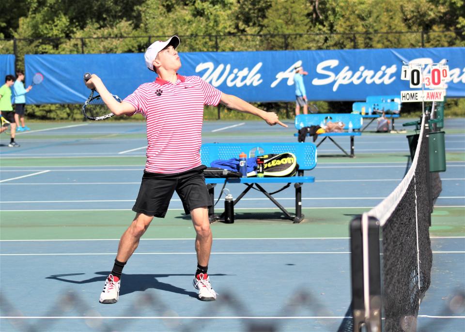 Beechwood senior Cole Hetzel eyes the ball during the KHSAA 9th Region boys tennis tournament May 15, 2021, at Covington Catholic High School.