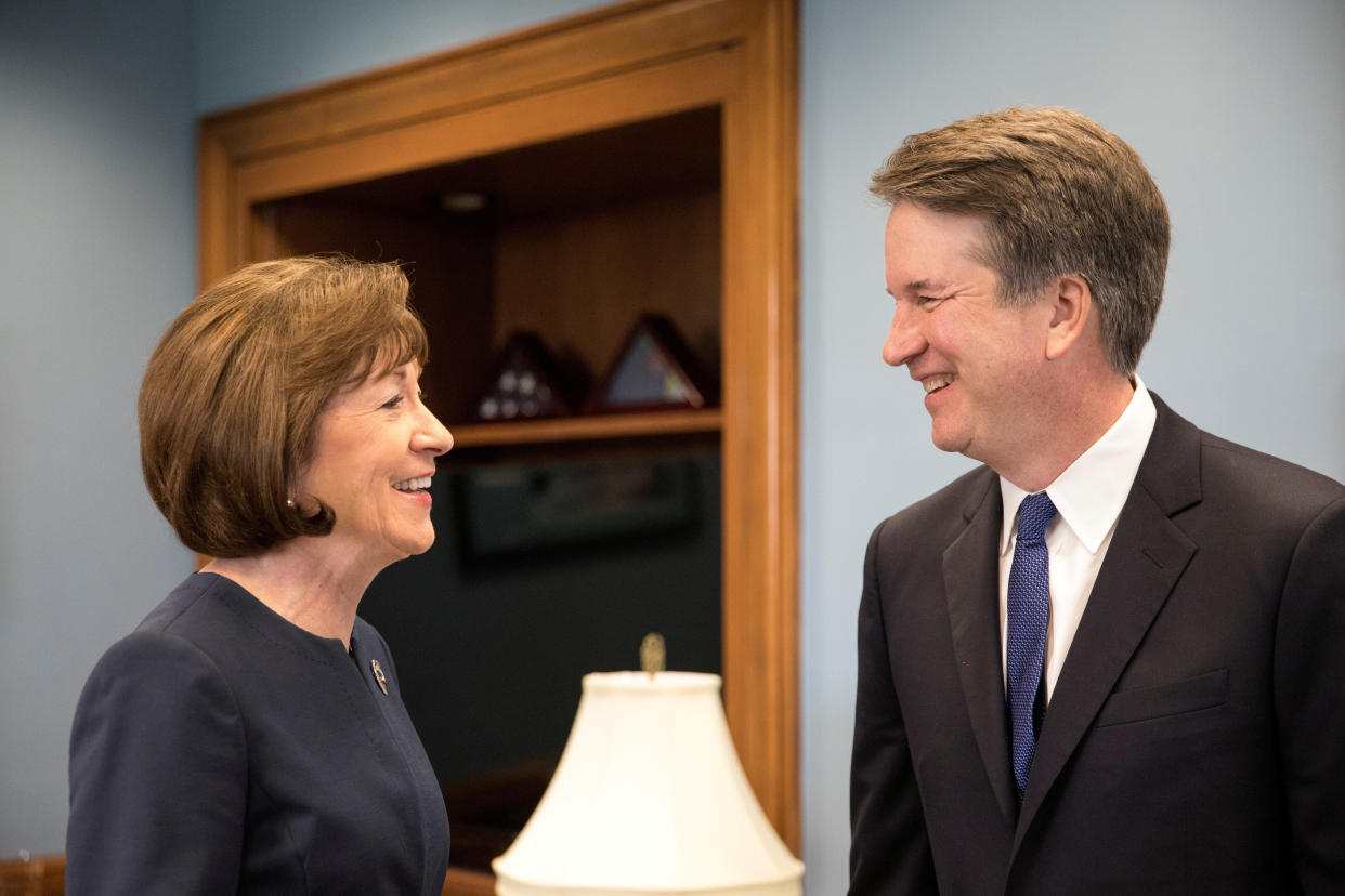 Sen. Susan Collins (R-Maine) and Supreme Court nominee&nbsp;Brett Kavanaugh in Washington on Aug. 21. After speaking with him for two hours, she told reporters that he said Roe v. Wade is &ldquo;settled law.&rdquo; (Photo: Alex Wroblewski / Reuters)