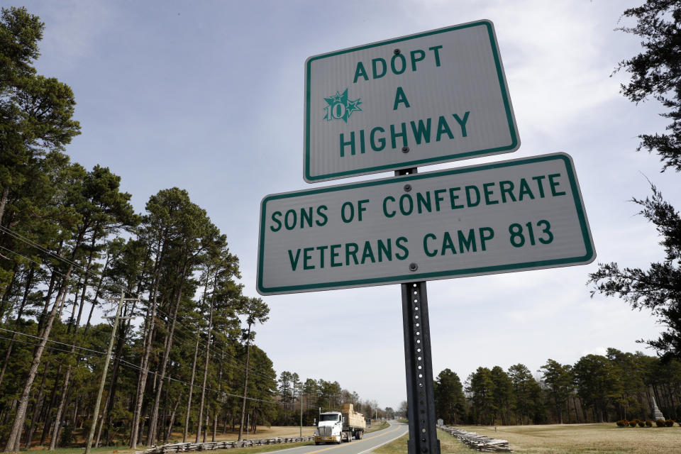 A section of highway that has been adopted by the Sons of Confederate Veterans Camp 813 is seen in Alamance County, N.C., Wednesday, March 11, 2020. (AP Photo/Jacquelyn Martin)