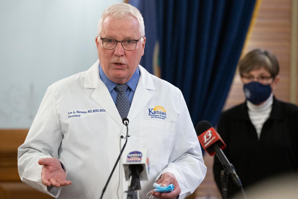 Lee Norman, Kansas secretary of health and environment, answers questions related to vaccine distribution Thursday during Gov. Laura Kelly's COVID-19 news conference at the Statehouse.