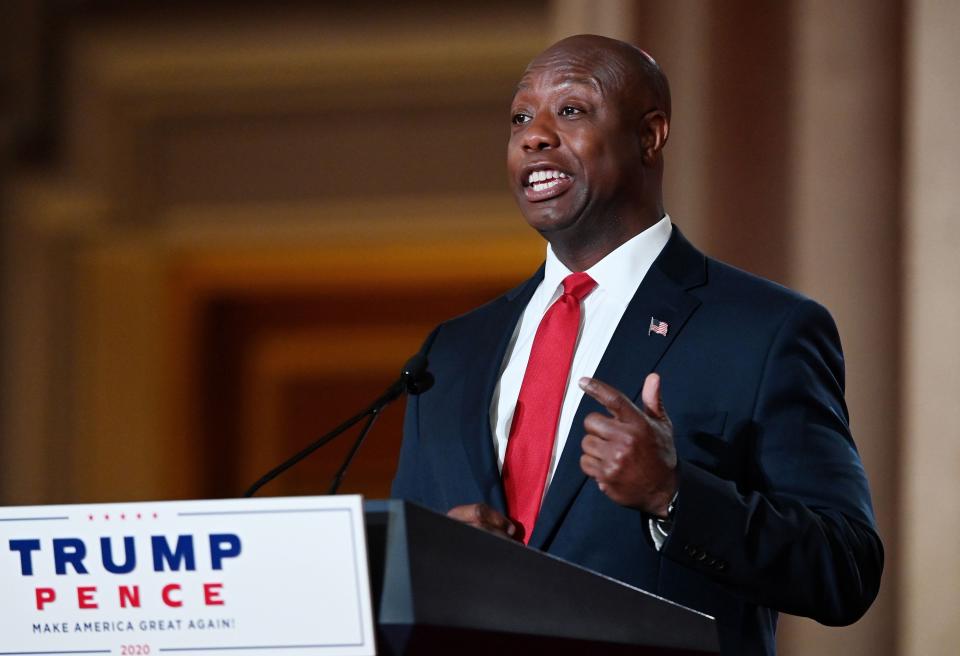 US Republican Senator for South Carolina Tim Scott speaks during the first day of the Republican convention at the Mellon auditorium on August 24, 2020 in Washington, DC