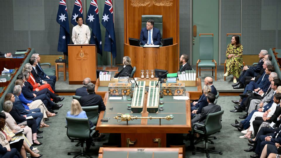 Philippine President Ferdinand Marcos Jr delivered a speech at the Australian parliament on February 29. - AAP Image/Lukas Coch/Reuters