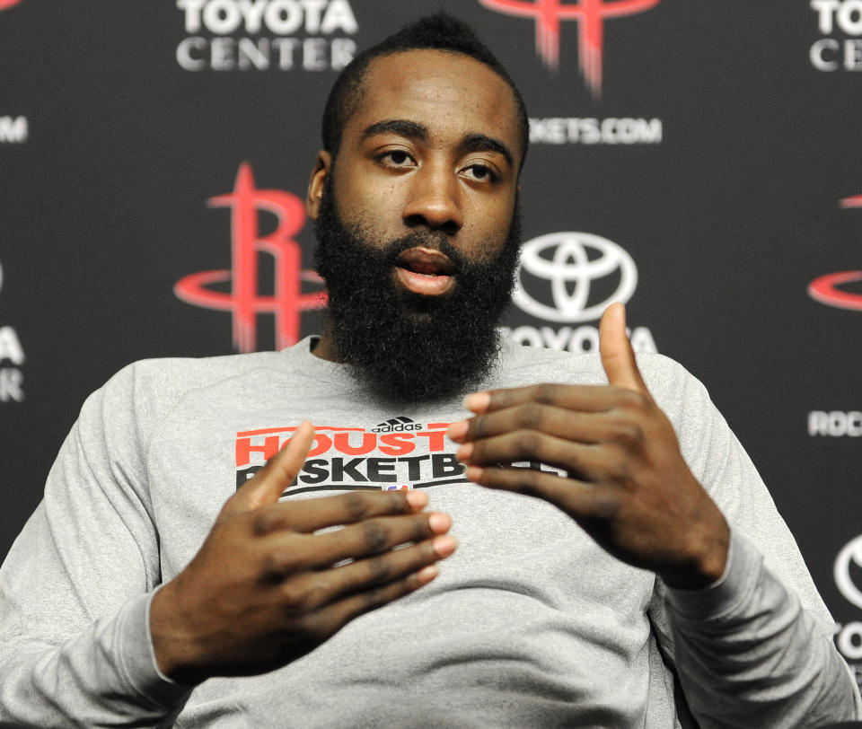 Houston Rockets' James Harden talks about his favorite Houston restaurants Monday, Feb. 4, 2013, in Houston. The 23-year-old will make his NBA All-Star debut when the game and its weekend of festivities comes to Houston Feb. 15-17. (AP Photo/Pat Sullivan)In this photo taken Monday, Feb. 4, 2013, Houston Rockets basketball player James Harden talks about his favorite Houston restaurants during an interview in Houston. The 23-year-old will make his NBA All-Star debut when the game and its weekend of festivities comes to Houston Feb. 15-17. (AP Photo/Pat Sullivan)