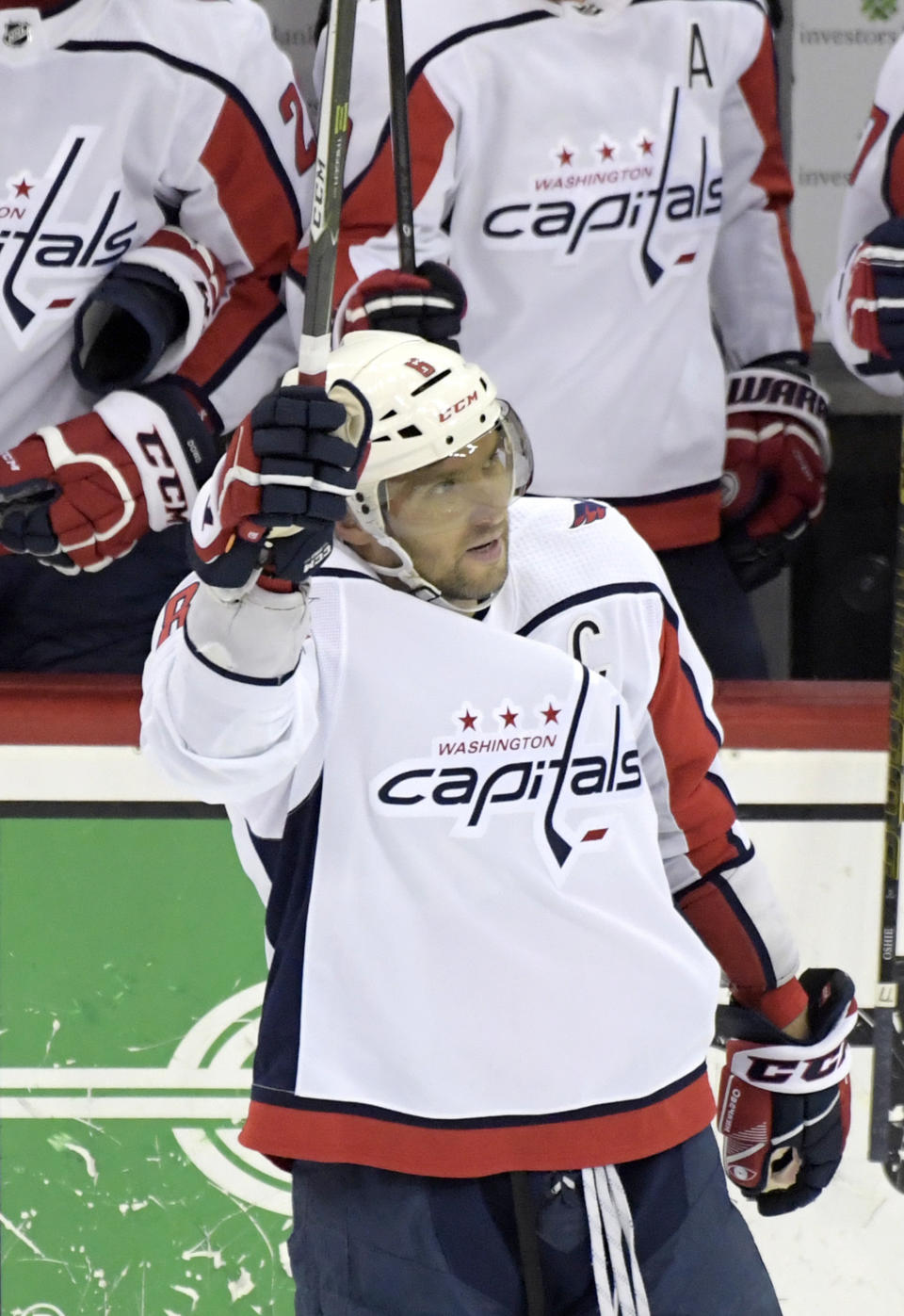 Washington Capitals left wing Alex Ovechkin (8) celebrates his 700th career goal during the third period of an NHL hockey game against the New Jersey Devils Saturday, Feb. 22, 2020, in Newark, N.J. (AP Photo/Bill Kostroun)