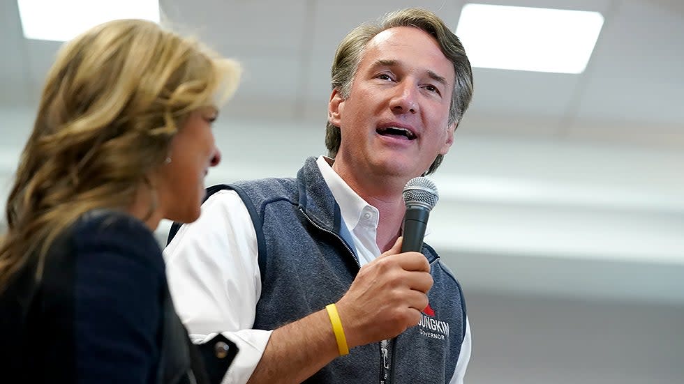 Virginia Republican gubernatorial candidate Glenn Youngkin speaks to supporters and potential voters during a meet and greet at Manassas Park Community Center in Manassas, Va., on Saturday, October 30, 2021.