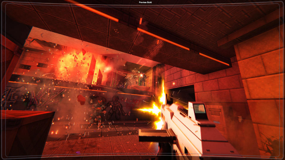 Firing at enemies in red-lit room