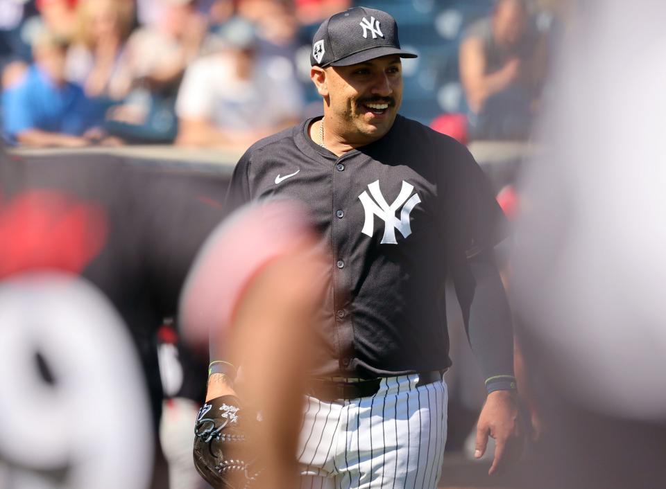 Feb 26, 2024; Tampa, Florida, USA; New York Yankees starting pitcher Nestor Cortes (65) smiles at the end of the first inning against the Minnesota Twins at George M. Steinbrenner Field. Mandatory Credit: Kim Klement Neitzel-USA TODAY Sports