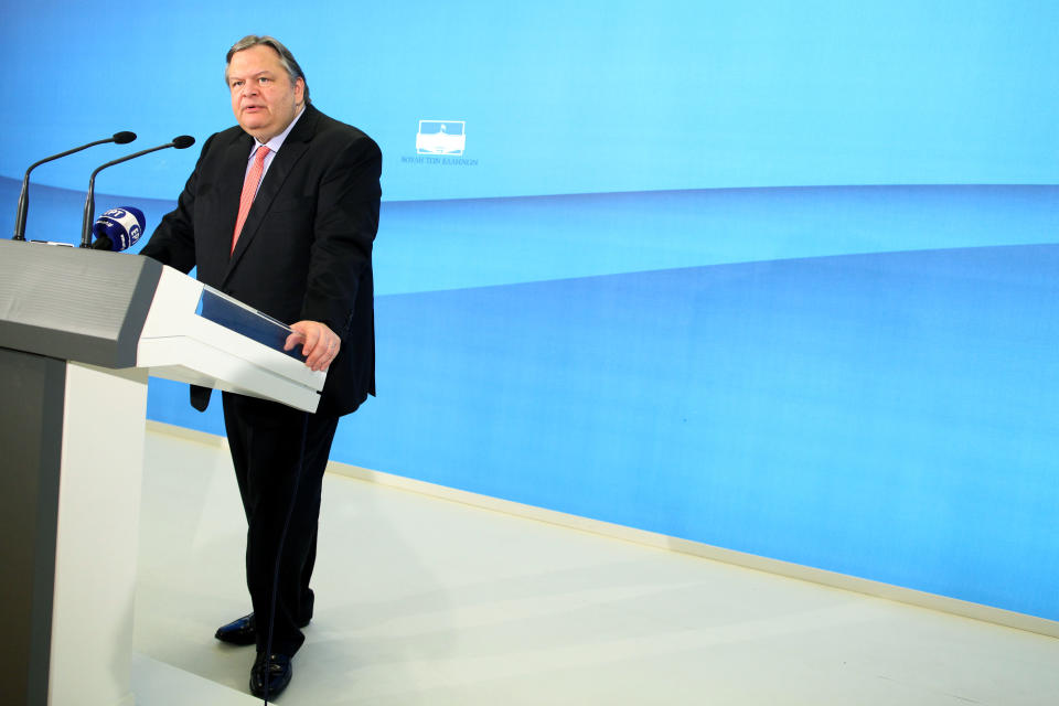 Evangelos Venizelos, the head of the Socialist PASOK party gives a statement after his meeting with leader of the New Democracy conservative party Antonis Samaras in Athens, on Wednesday, June 20, 2012. The three parties that back Greece's commitments to bailout creditors have agreed in principle to form a coalition government and are negotiating the final details, officials said Wednesday. The agreement follows protracted negotiations between the conservative New Democracy party, the Socialist PASOK and the smaller Democratic Left party, after a national election on Sunday. (AP Photo/Petros Giannakouris)