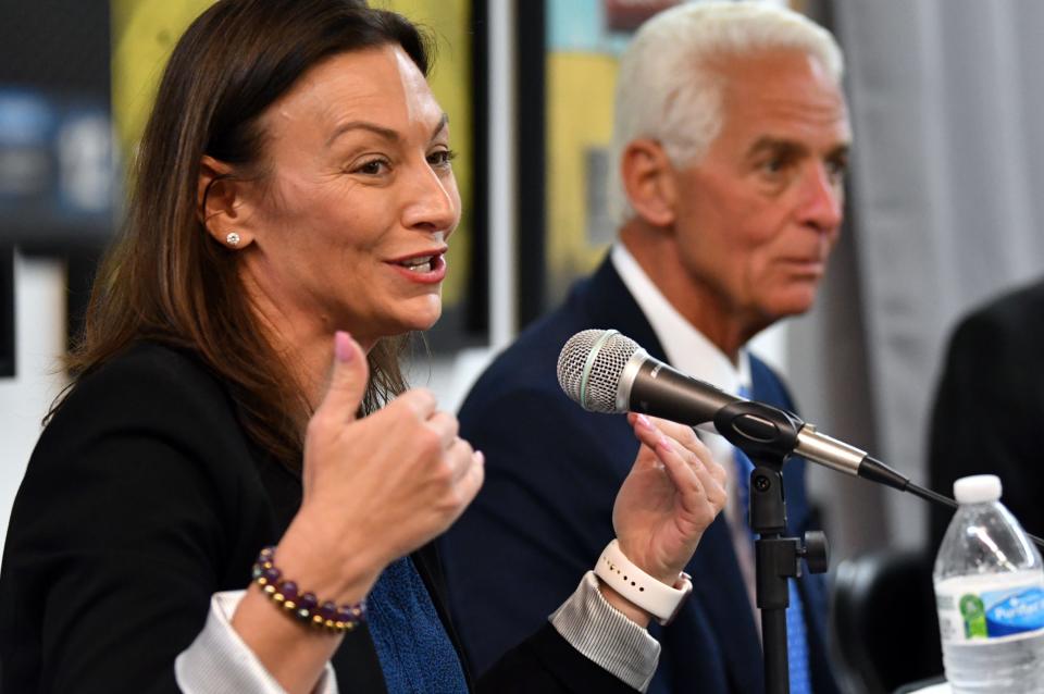 Democratic gubernatorial candidates Nikki Fried and Charlie Crist and attend a debate at The Box Gallery in West Palm Beach on June 15, 2022 in West Palm Beach.