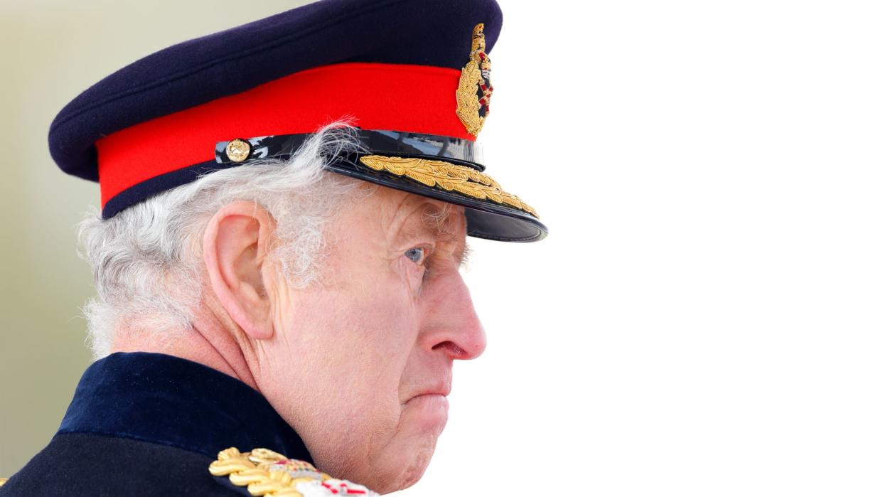 King Charles III inspects the 200th Sovereign's parade at the Royal Military Academy Sandhurst on April 14, 2023 in Camberley, England. The Sovereign's Parade, first held in 1948 in the presence of King George VI, marks the culmination of 44 weeks training and the passing out of the 171 Officer Cadets who have completed the Commissioning Course. It is the first time King Charles III has inspected Sovereign's Parade at Sandhurst since becoming Monarch. 