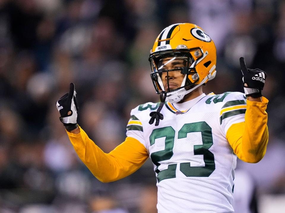 Jaire Alexander reacts after a play against the Philadelphia Eagles.