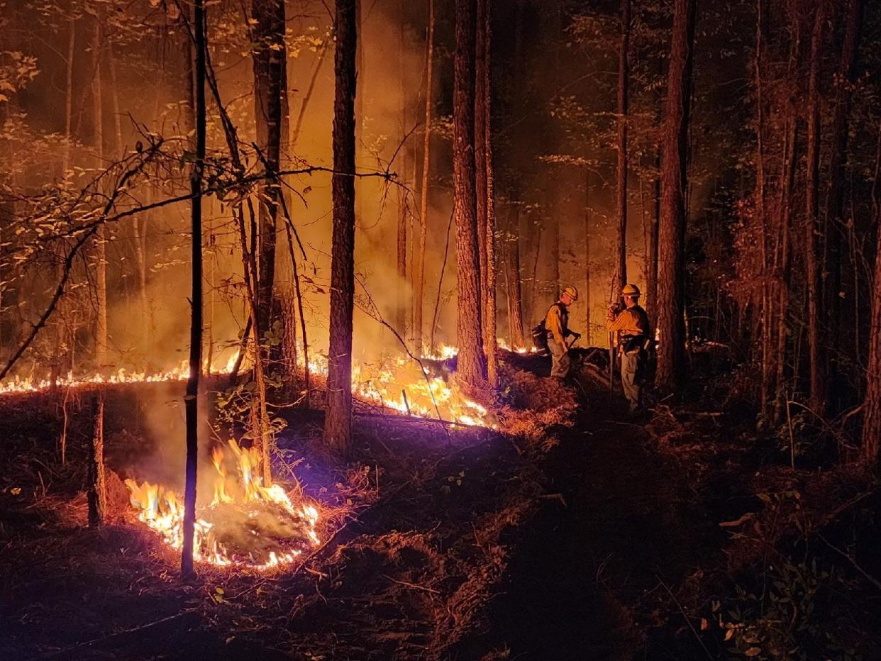 Firefighters work to extinguish a wildfire in Marion County in early October.