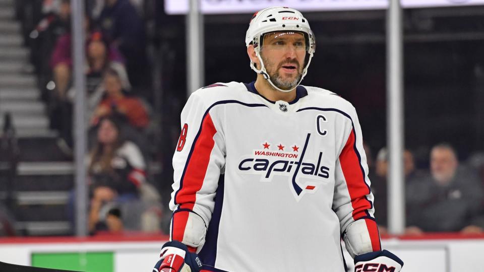 April 16, 2024;  Philadelphia, Pennsylvania, USA;  Washington Capitals left wing Alex Ovechkin (8) against the Philadelphia Flyers at Wells Fargo Center. 