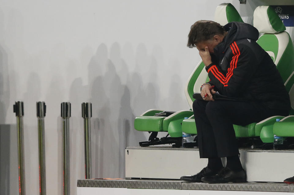 Football Soccer - VfL Wolfsburg v Manchester United - UEFA Champions League Group Stage - Group B - Volkswagen-Arena, Wolfsburg, Germany - 8/12/15 Manchester United manager Louis van Gaal looks dejected Action Images via Reuters / Carl Recine Livepic EDITORIAL USE ONLY.