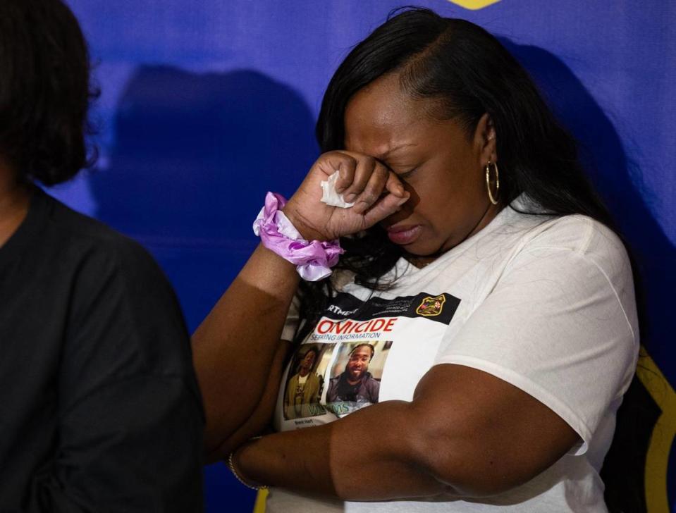 Erica Wilson-Price cries during a press conference about the double murder of her son, Brent Hart, and Dumas Cherizol-Amilcar in March 2022 at the Miramar Police Department on Tuesday, Aug. 22, 2023 in Miramar, Fla. “I’m devastated,” Wilson-Price said.