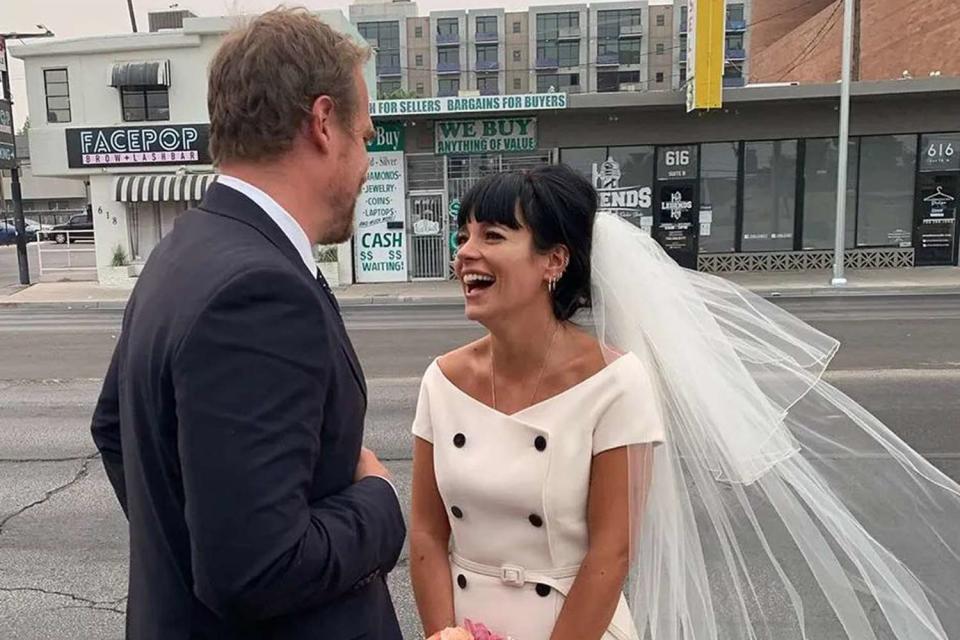 <p>lilyallen/Instagram</p> Lily Allen and David Harbour on their wedding day