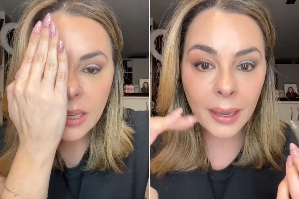 <p>erica taylor/Tiktok</p> TikToker showing millennial makeup vs. Gen Z makeup