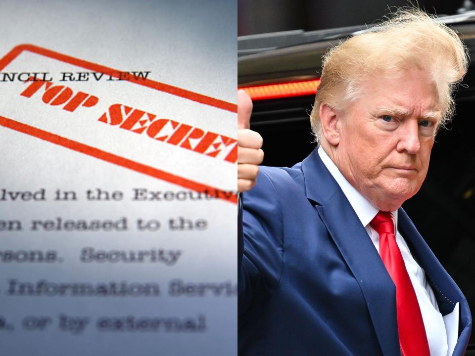 Top Secret document stock image edited next to a photo of former President Donald Trump in a blue suit and red tie showing a thumbs up sign