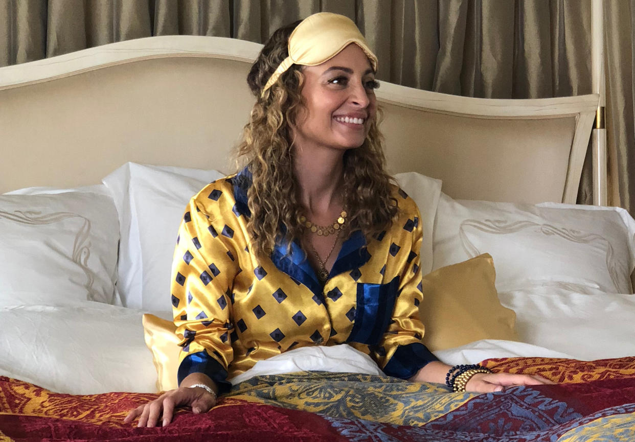 Nicole Richie<span> wears a sleep mask, earrings, necklaces and pajamas from her new line, Honey Minx, launching exclusively on NowWith on Yahoo Lifestyle. (Photo: Courtesy of Honey Minx)</span>