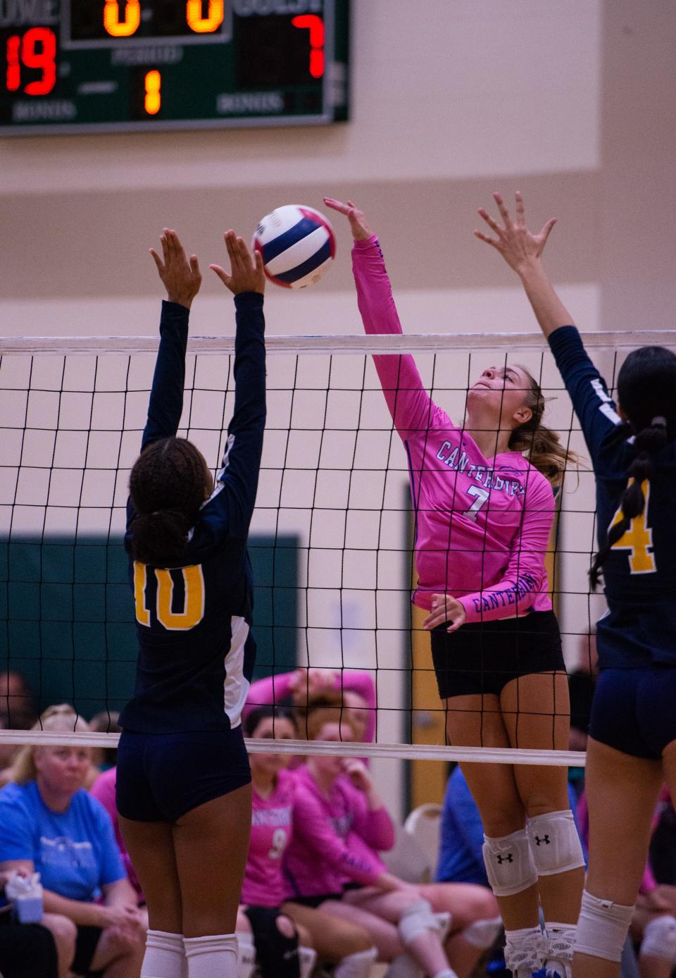 Canterbury's Charlotte Laquis (7) goes for a kill on Saturday, Sept. 30 at the Wildcat Invite, held at the Estero Rec Center.