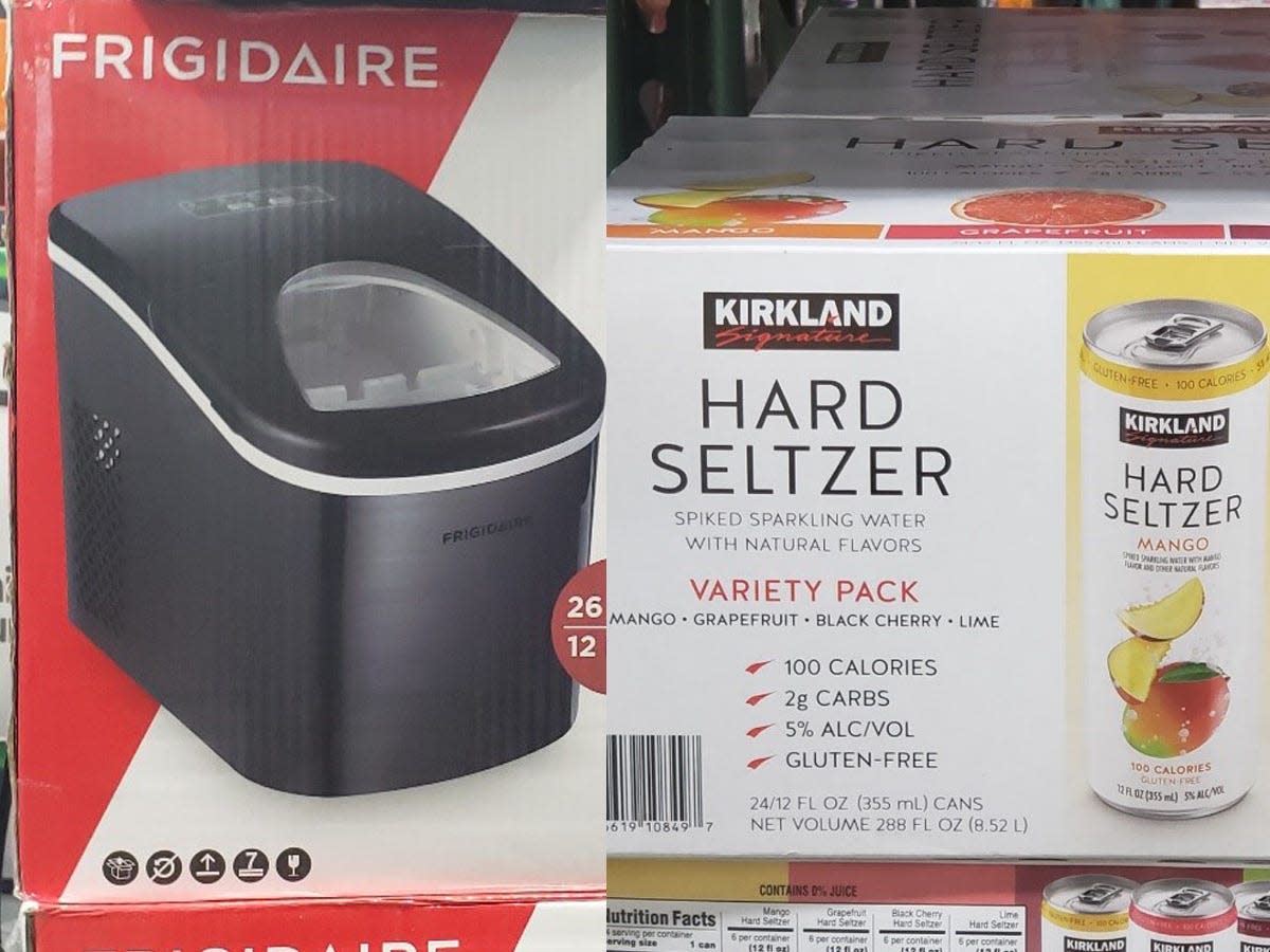 Frigidaire box for an ice maker at Costco; Box of Kirkland hard seltzers