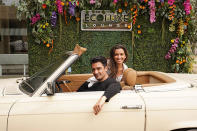 <p>Gilles Marini and his wife Carole arrive in style at Debbie Durkin’s EcoLuxe “Drive Thru” Luxury Experience in celebration of Awards Season at The Beverly Hilton on Friday.</p>