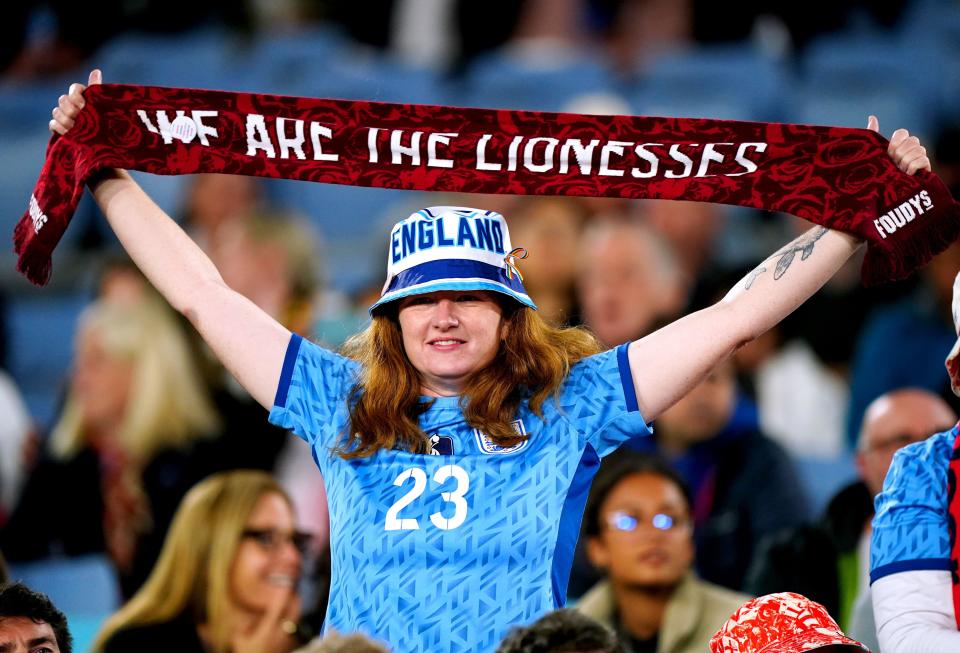 An England fan in the stands ahead of the FIFA Women's World Cup final match at Stadium Australia, Sydney. Picture date: Sunday August 20, 2023.