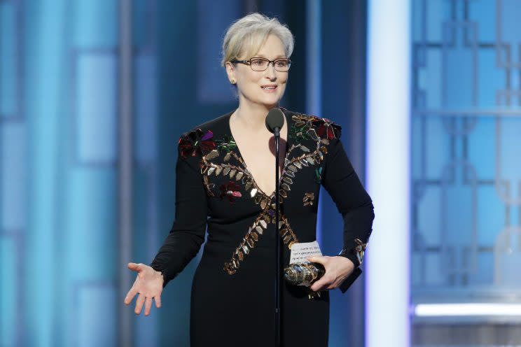 Meryl Streep speaking during the 74th Golden Globe Awards. (Photo: Getty Images.)