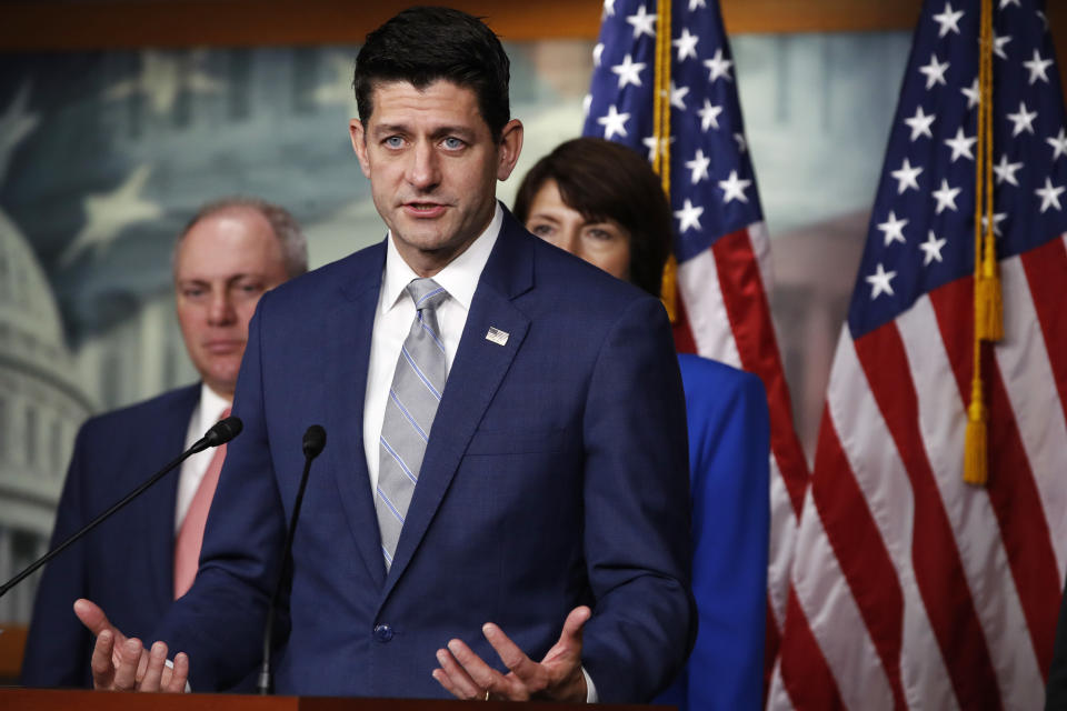 House Speaker Paul Ryan of Wis., speaks during a news conference, Thursday, Sept. 13, 2018, in Washington. Behind him are House Majority Whip Steve Scalise, R-La., and Rep. Cathy McMorris Rodgers, R-Wash., right. Ryan is rejecting President Donald Trump's assertion an official government death toll for last year’s hurricane in Puerto Rico is wrong. The Wisconsin Republican says he has "no reason to dispute" a study that found nearly 3,000 people on the island died from Hurricane Maria last year. (AP Photo/Jacquelyn Martin)