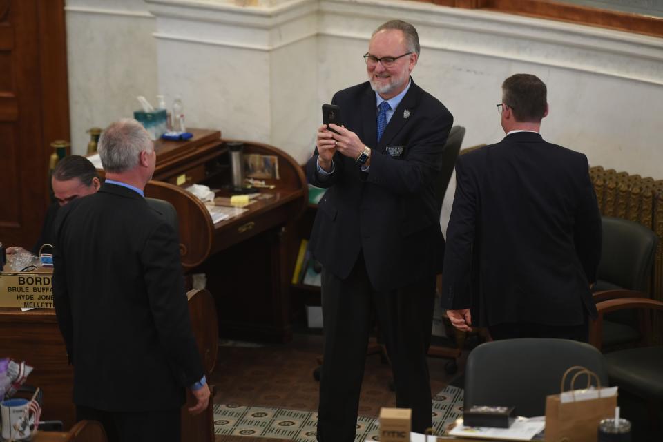 Sen. Reynold Nesiba, D-Sioux Falls, speaks with fellow lawmakers on Tuesday, Jan. 9, 2024 at the South Dakota State Capitol in Pierre.