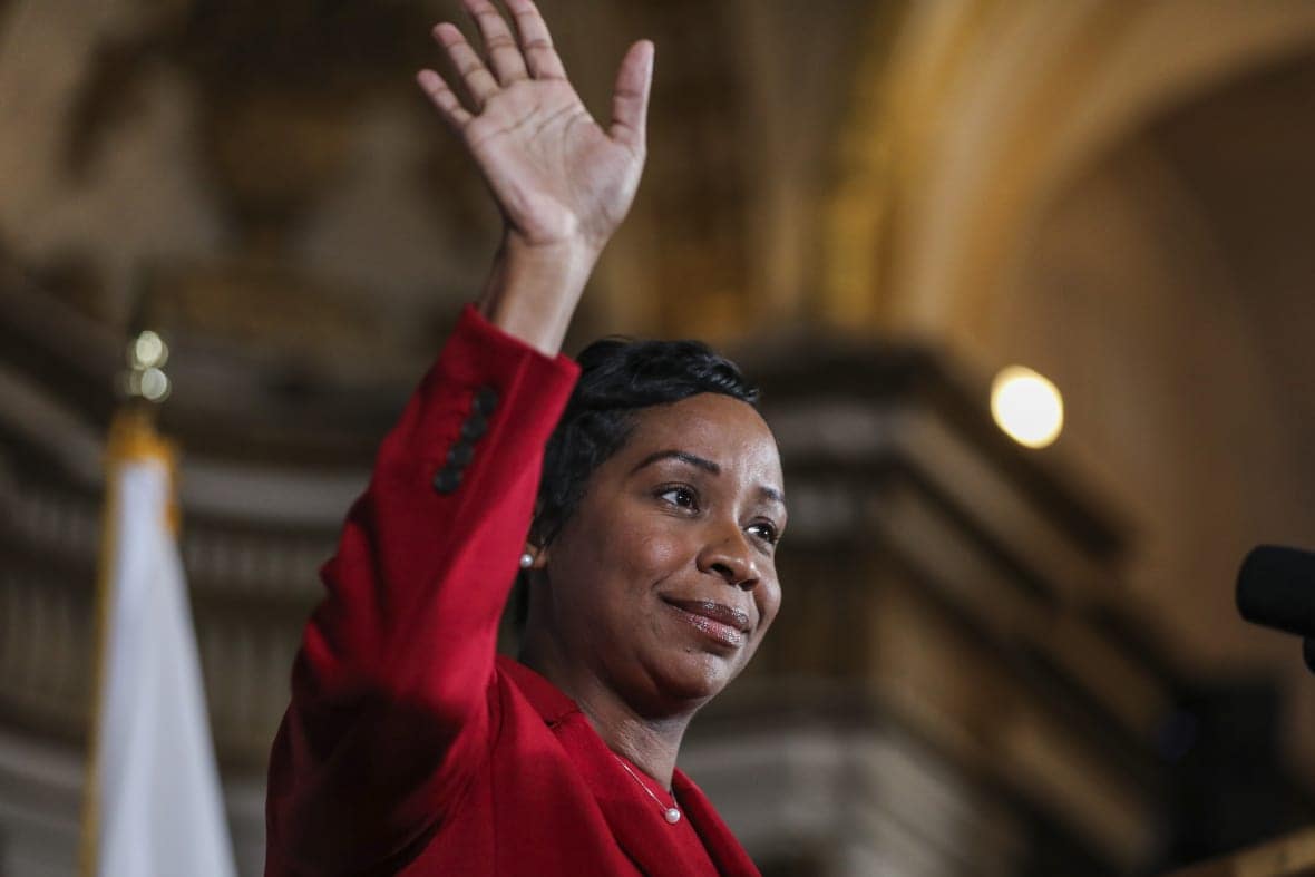 Andrea Campbell, incoming attorney general, waves to attendees of the Massachusetts Democratic Party’s Election Night in the Grand Ballroom at Copley Hotel on Tuesday. (Photo by Erin Clark/The Boston Globe via Getty Images)