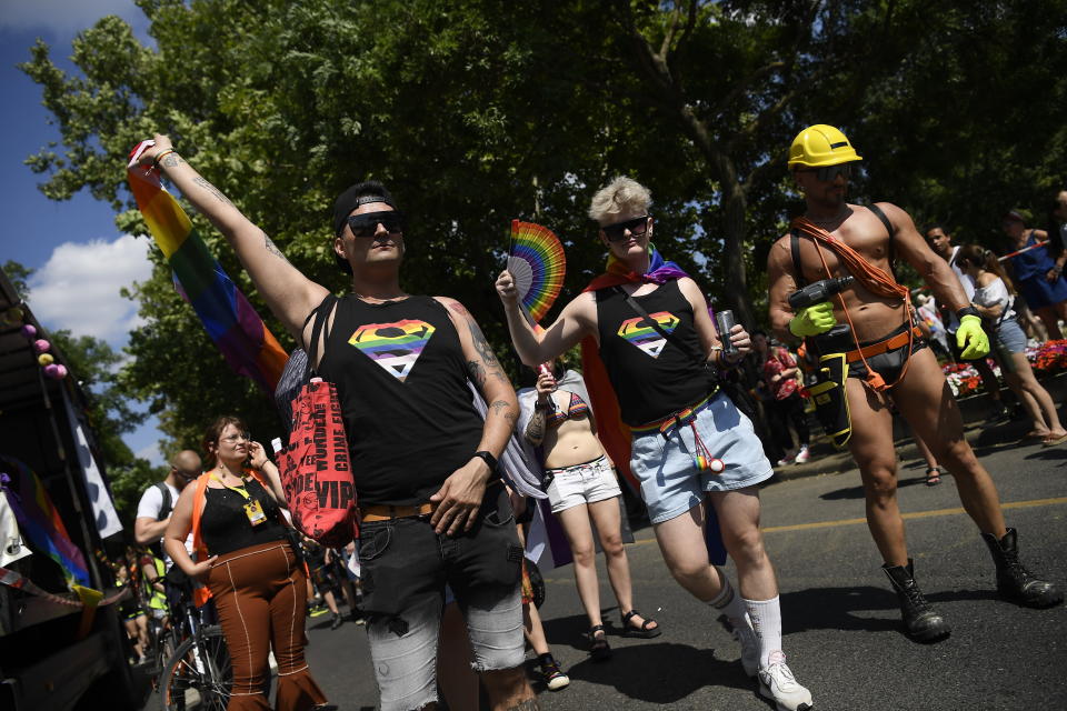 Participants march during the 28th Budapest Pride parade in Budapest, Hungary, Saturday, July 15, 2023. (Tamas Kovacs/MTI via AP)