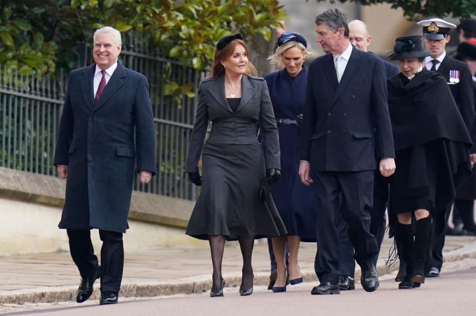 Prince Andrew (left) leads the line alongside Sarah, Duchess of York Duchess of York, Zara Tindall, Sir Timothy Laurence, Mike Tindall and Anne, Princess Royal at a meorial service for the late King Constantine of Greece (Getty Images)