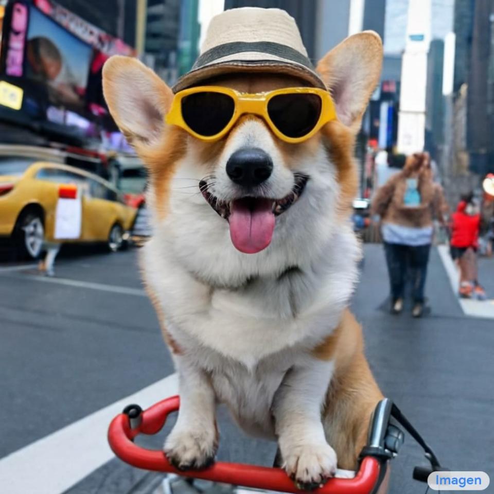 <div class="inline-image__caption"> <p>A photo of a Corgi dog riding a bike in Times Square. It is wearing sunglasses and a beach hat.</p> </div> <div class="inline-image__credit"> Courtesy of Google </div>