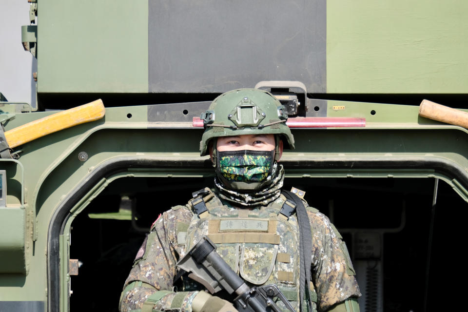 A Taiwanese soldier stands on guard during military drills in 2019. Source: Getty