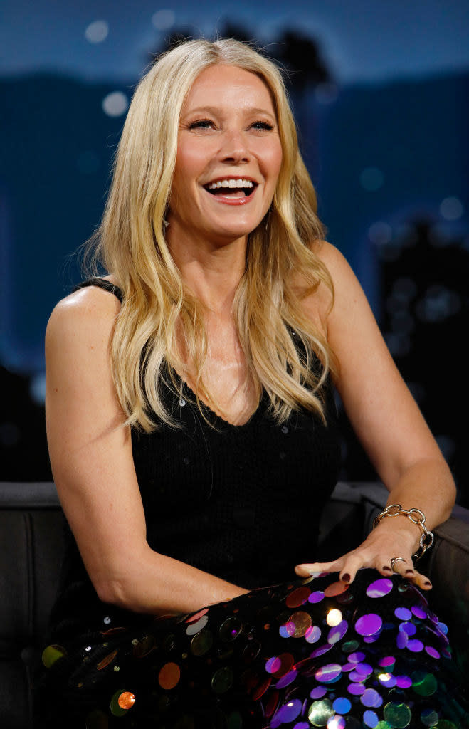 Gwyneth Paltrow sitting in the guest chair on "Jimmy Kimmel Live!"