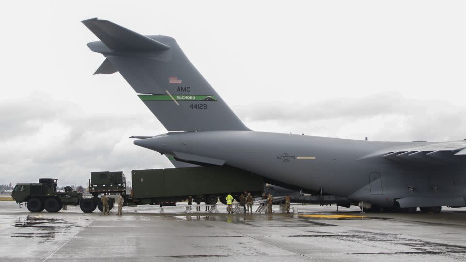 A Mid-Range Capability (MRC) missile launcher is loaded into a US Air Force C-17 at Joint Base Lewis-McChord, Washington, on April 4, 2024. - US Army Pacific