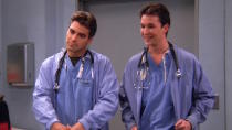 <p> Importantly not a crossover in the strictest sense, ER stars George Clooney and Noah Wyle appear as characteristically similar doctors in a 1995 episode of Friends. They’re basically their ER characters, just under different names. The doctors go on a double date at the apartment with Rachel and Monica, only for things to go horribly wrong after they argue about the possible insurance fraud they’ve committed. </p> <p> At the same time Friends was a smash hit as a TV sitcom, ER was just as big (if not bigger) as the era’s premier medical drama that also had a long list of memorable guest stars. “The One With Two Parts, Part Two” basically captures a bygone zeitgeist in the medium’s history. </p>