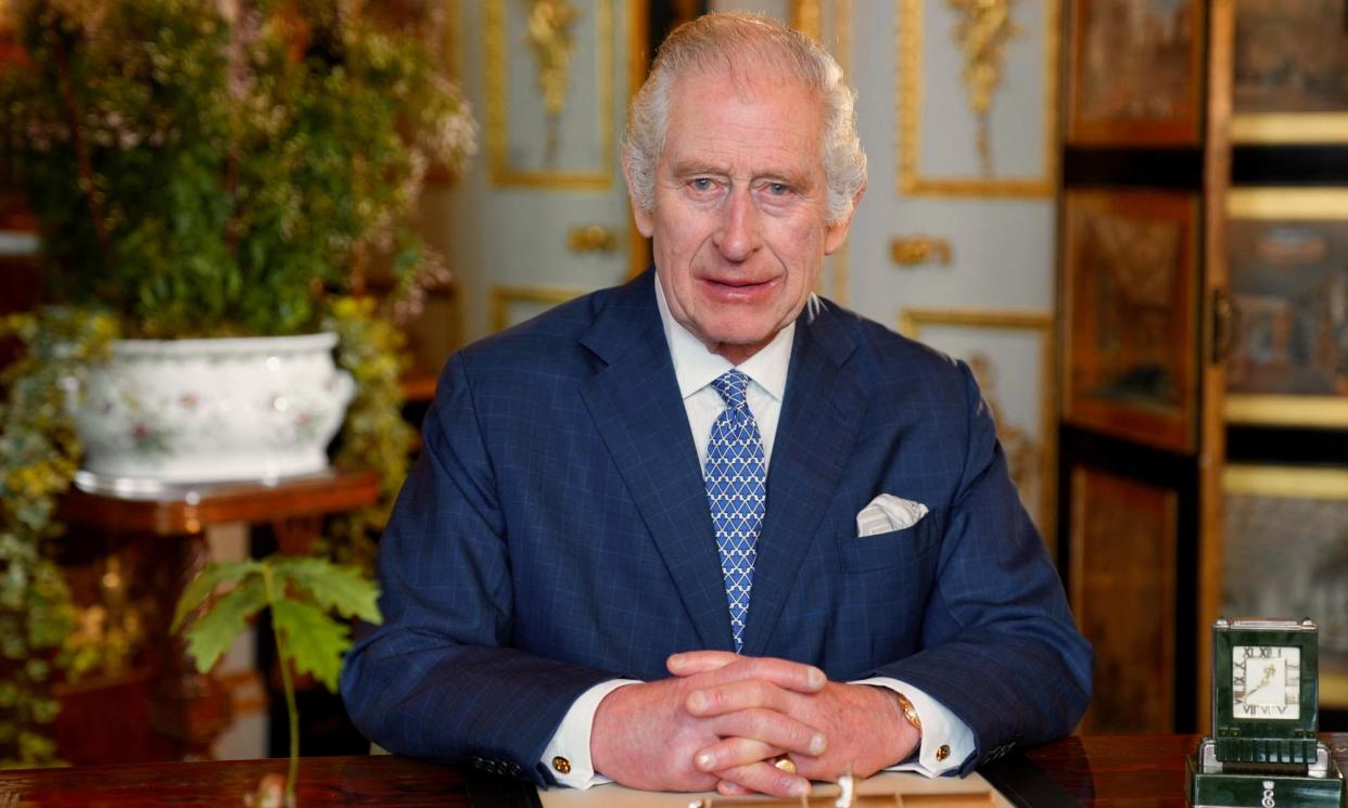 <span>King Charles during the recording of his Commonwealth message at Windsor Castle in February.</span><span>Photograph: Royal Household/Reuters</span>