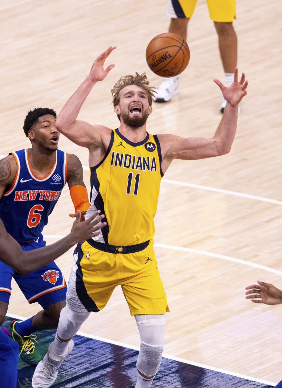 Indiana Pacers forward Domantas Sabonis (11) reacts as a pass comes to him from a teammate during the first half of an NBA basketball game against the New York Knicks in Indianapolis, Saturday, Jan. 2, 2021. (AP Photo/Doug McSchooler)