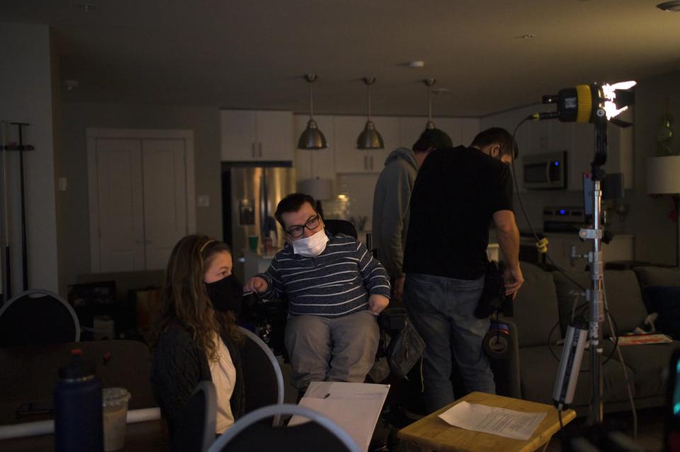 Vera Dunlop-Vaillancourt (left) shadows Spencer Mackay on the set of a film.