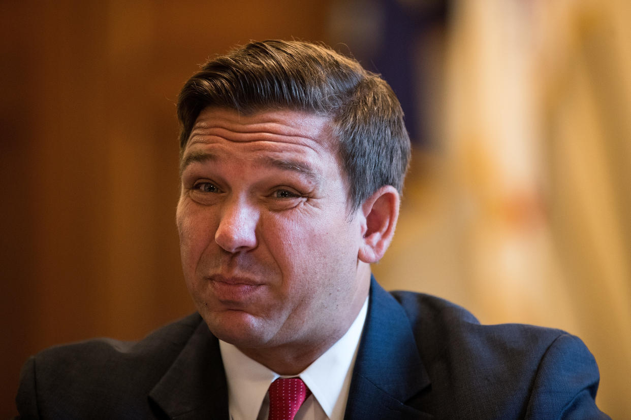 Gaslighting 101: Attack someone, claim they are attacking you and then ask people for money to help fend off imaginary attacks. Right, Ron DeSantis? (Photo: Drew Angerer/Getty Images)